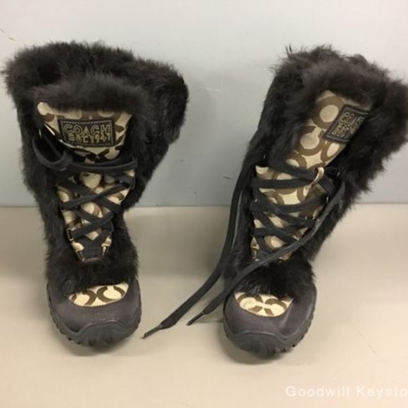 Coach Shoes - Coach Jennie Signature Khaki Brown Fur Boots rare